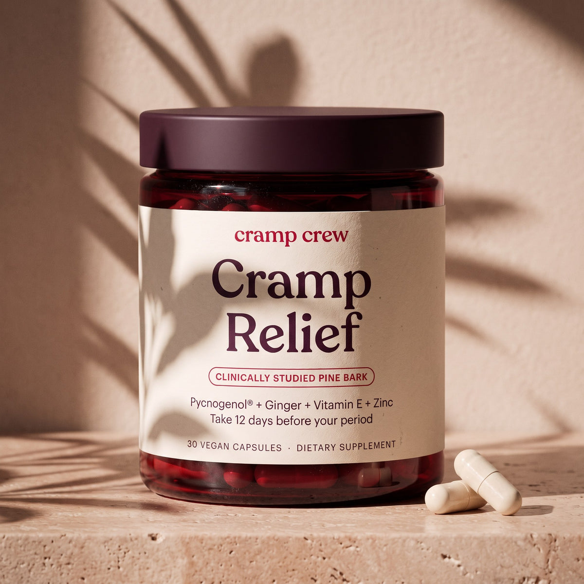 cramp crew Cramp Relief jar, front view, 30 vegan capsules