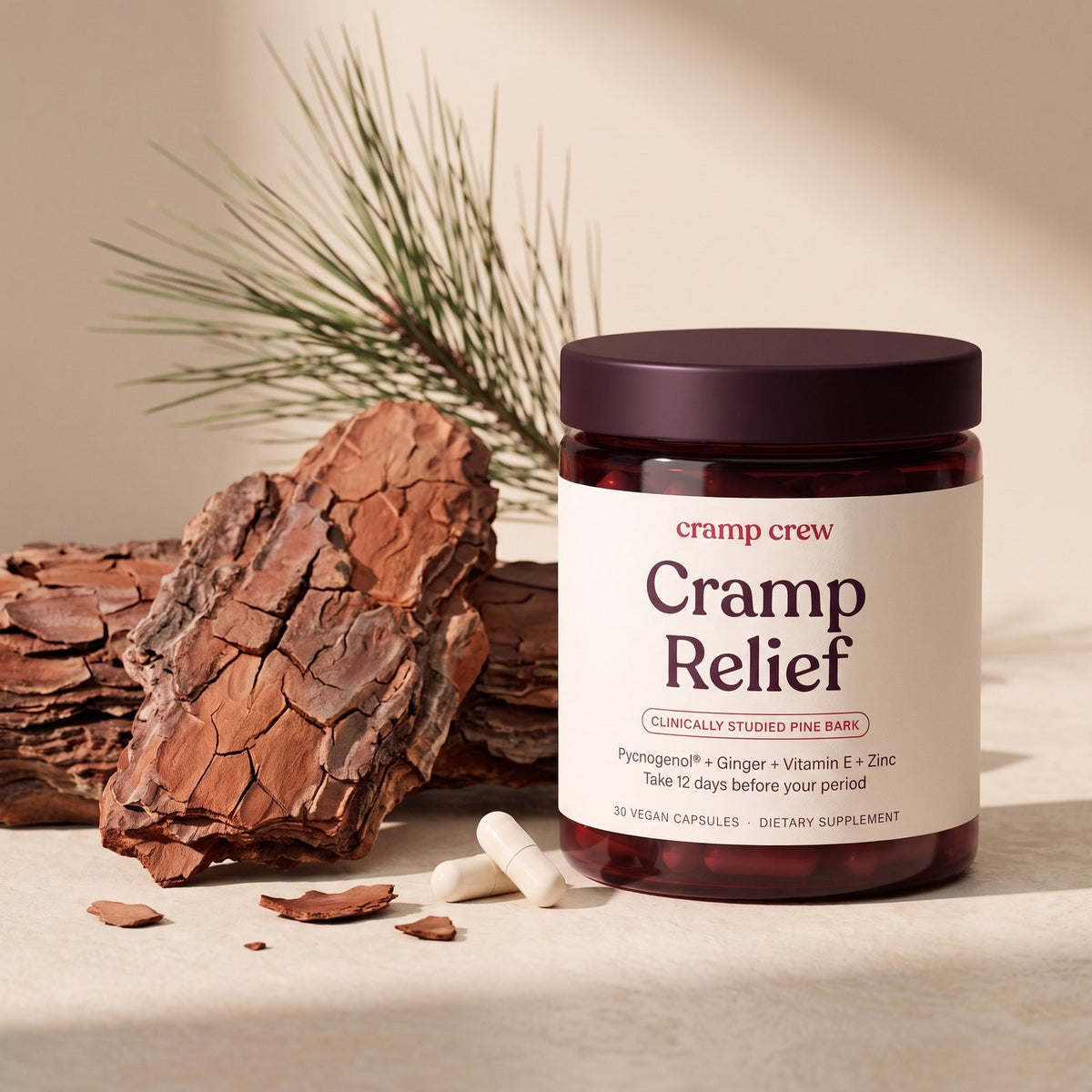 French maritime pine bark next to a jar of cramp crew Cramp Relief