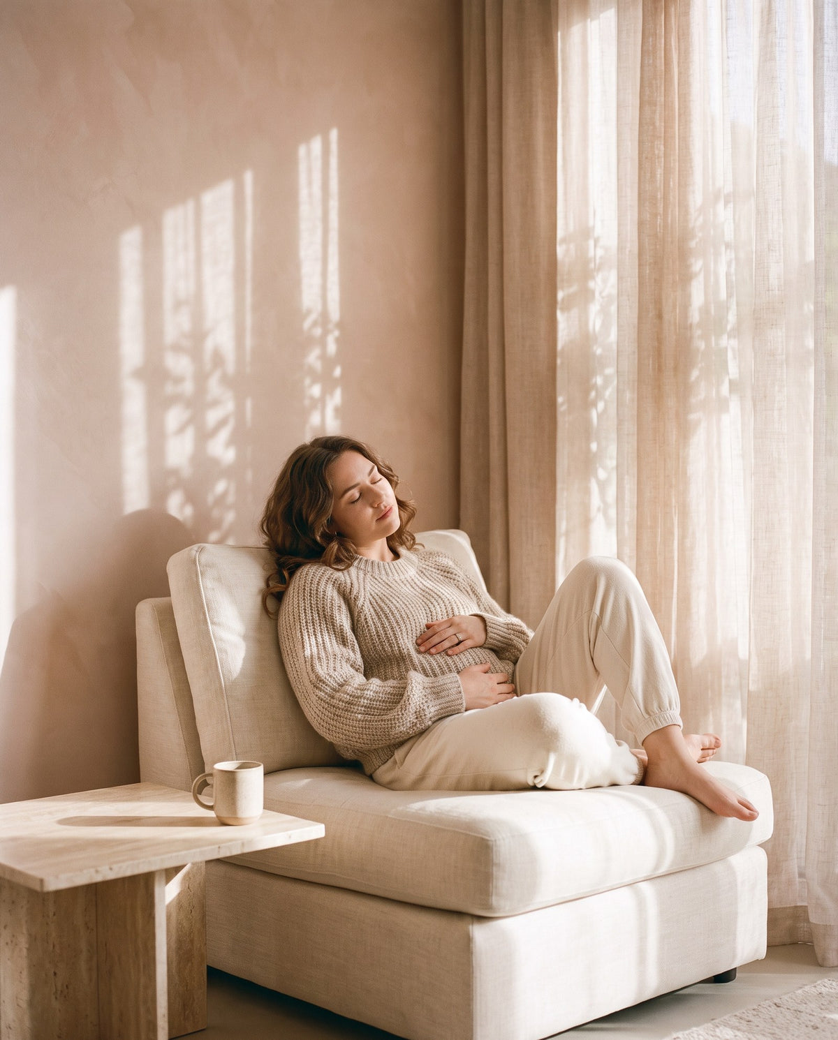Woman curled up on the sofa with a heating pad on the first day of her period