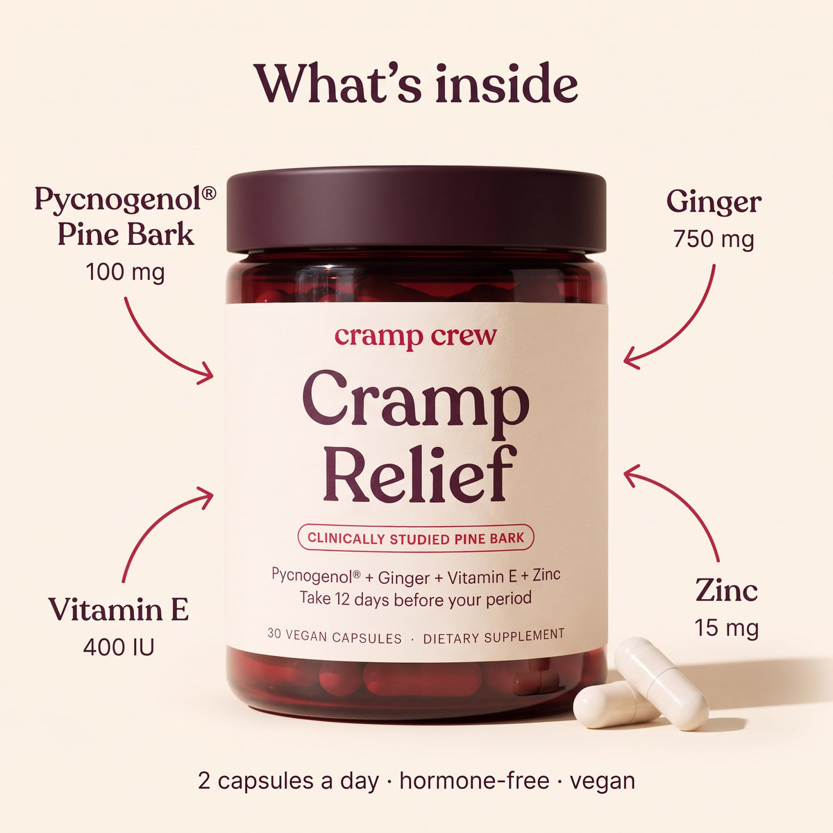 What's inside Cramp Relief: Pycnogenol pine bark 100 mg, ginger 750 mg, vitamin E 400 IU, zinc 15 mg